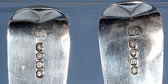 A pair of William IV silver fiddle pattern serving spoons and a similar Victorian pair, Length 237mm, weight 4.9oz/153grms